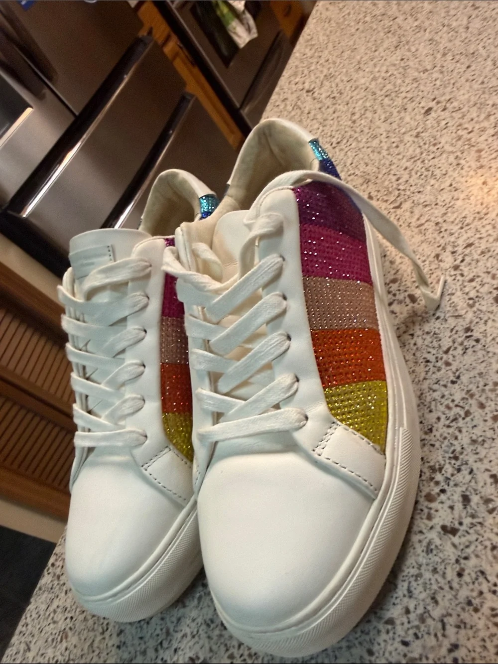 White Women's Platform Sneakers with Rainbow Glitter Stripes